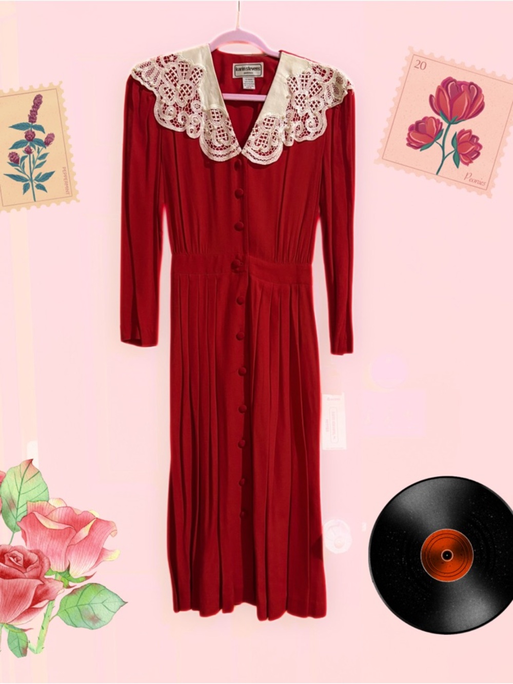 ❤️Vintage Karin Stevens Red Dress with Lace Collar